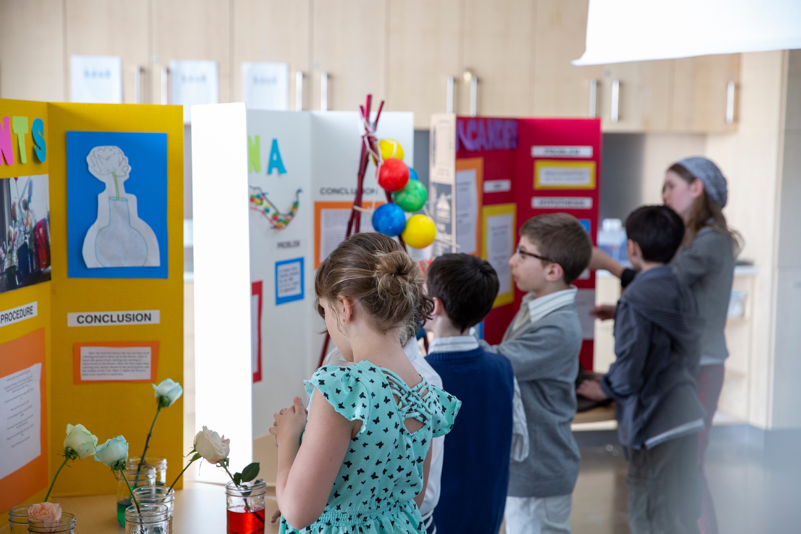 Children looking at poster boards at a book fair