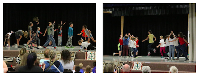 Elementary students performing creative dance on stage