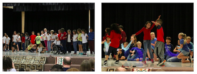 Elementary students performing creative dance on stage