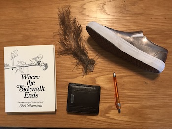 Book, feather, shoe, wallet
