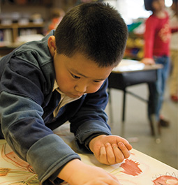 Young boy working on a drawing.