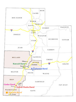 Map depicting the regions of the Paiute bands in Utah