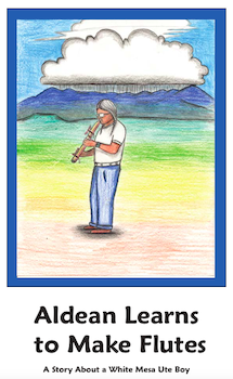 Book Cover drawn in colored pencil with Native American man playing wooden flute in front of a blue mountain with a cloud above it