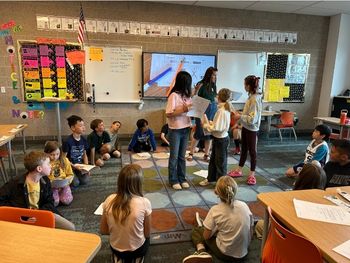 Class sitting around a rug with a teacher reading stage directions while students are reading the script