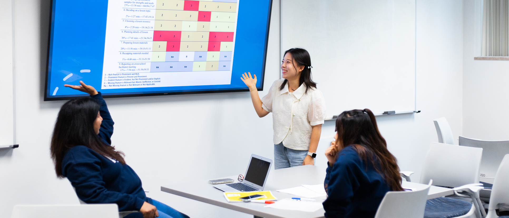 Students around a table viewing the material on the television