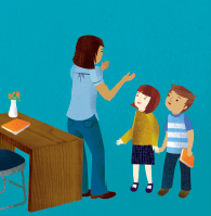 An illustration of a teacher standing next to her desk, speaking to two of her students.