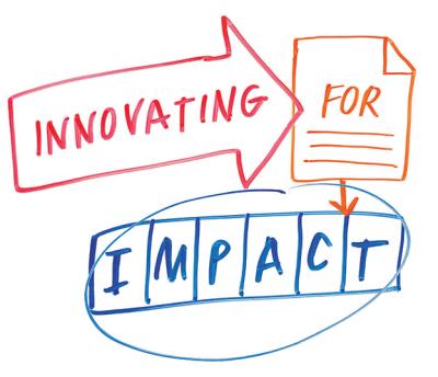 The words "Innovating for Impact" written on a whiteboard
