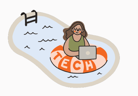 An illustration of a girl floating in a swimming pool on an innertube that says "TECH."
