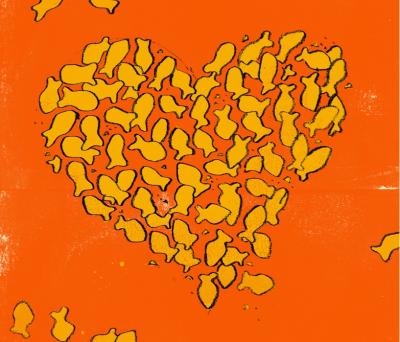 Illustration of goldfish crackers arranged in the shape of a heart.