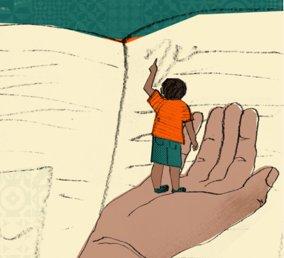 Image of a child, held up by the hand of an unseen person, reading a gigantic book.