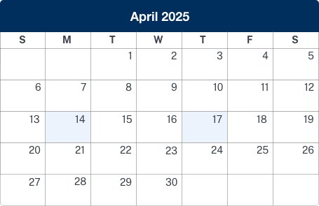 Calendar displaying april 2025