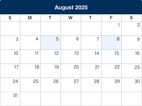 Calendar displaying august 2025