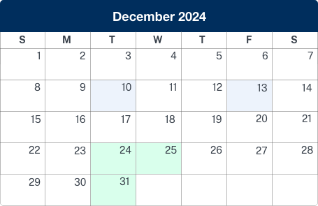 Calendar displaying december 2025