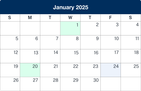 Calendar displaying january 2025