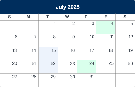 Calendar displaying july 2025