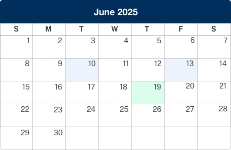 Calendar displaying june 2025