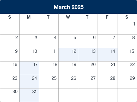 Calendar displaying march 2025