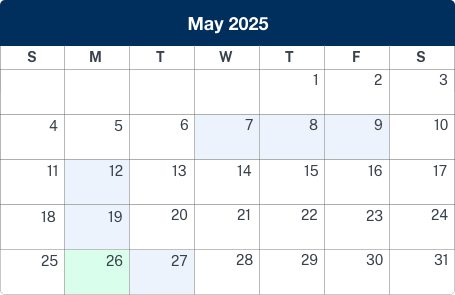 Calendar displaying may 2025