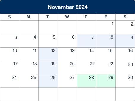 Calendar displaying november 2024