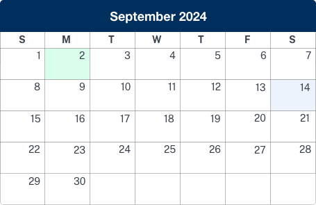 Calendar displaying september 2024