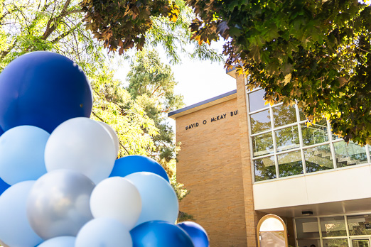 Brigham Young statue surrounded by balloons