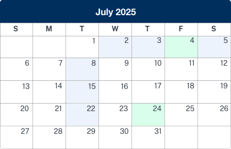 Calendar displaying july 2025