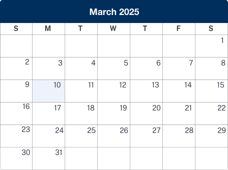 Calendar displaying march 2025