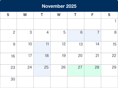 Calendar displaying november 2024