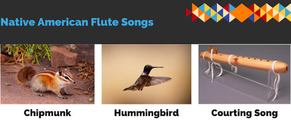 Three pictures side by side including a chipmunk, a hummingbird, and a wooden flute