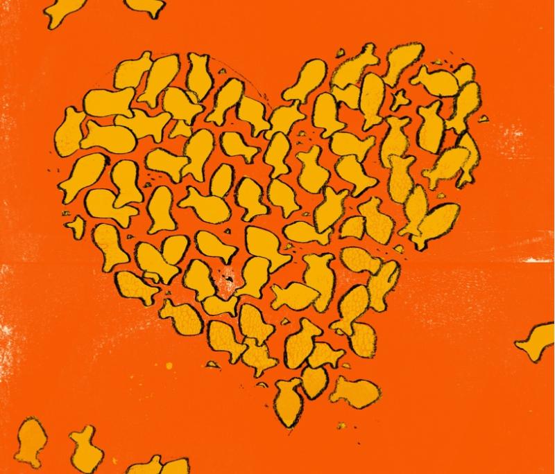 Illustration of goldfish crackers arranged in the shape of a heart.