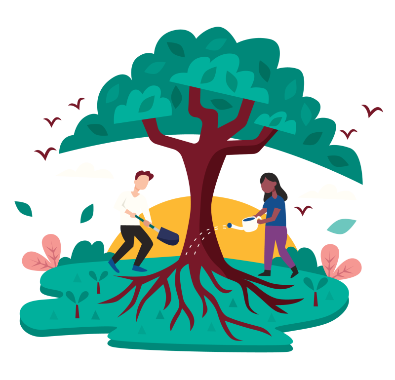 Graphic of a man and a woman tending to a tree