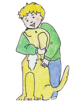 Young cartoon boy holding a dog